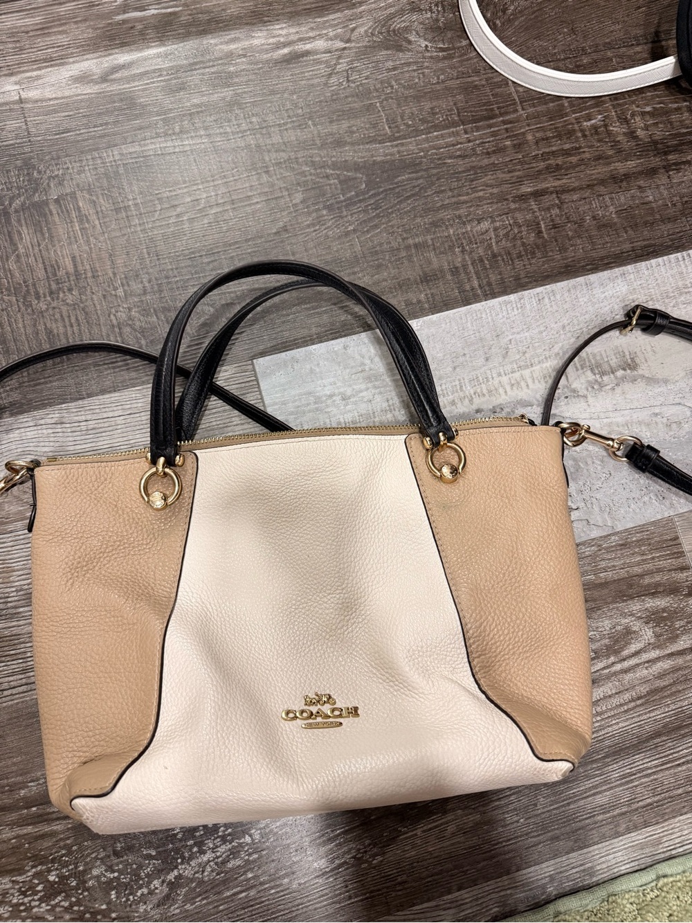 Coach Two-Tone Pebble Leather Satchel - Cream & Beige